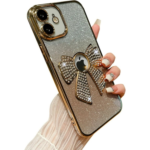 for iPhone 12 Case Women Cute Bowknot Glitter Rhinestone Bling Plating Luxury Women Girl Phone Case,Shine Diamond Case for iPhone 12 Protective Cover,Clear Gradient Gold
