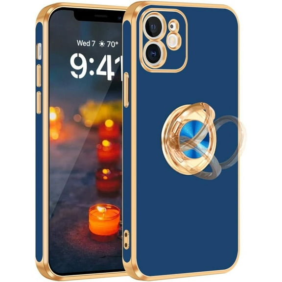 iPhone 12 Case, iPhone 12 Case with Ring Stand [360° Rotatable Ring Holder Magnetic Kickstand] [Shiny Plating Gold Edge] Slim Soft TPU Shockproof Protective Case for Men Boys, Blue/Gold