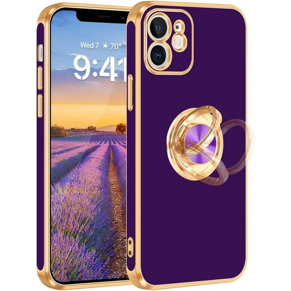iPhone 12 Case, iPhone 12 Case with Ring Stand, 360° Rotatable Ring Holder Magnetic Kickstand Shiny Plating Gold Edge Slim Soft TPU Shockproof Protective Cover Case for Women Men, Deep Purple