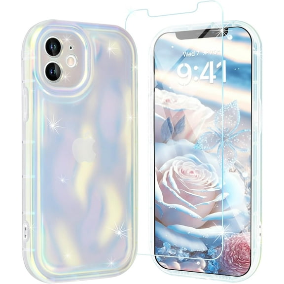 for iPhone 12 Case[iPhone 12 Clear Glitter Case][with 1*Screen Protector][Cute Laser 3D Water Ripple]Bling Luxury Wave Shape Shockproof Soft TPU Cover Case for Women Girl Slim Phone Case(White)
