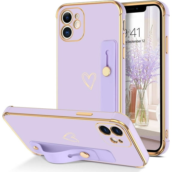 iPhone 12 Case, iPhone 12 Phone Case Love Heart Cute Case with Wristband Kickstand Holder Soft TPU Plating Bumper Protective Slim Shockproof Phone Case Cover for Girls Women, Purple