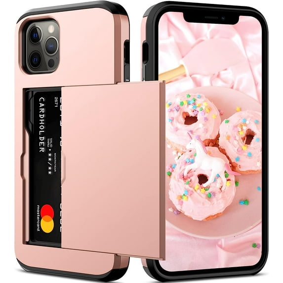 for iPhone 12 Case,iPhone 12 Pro Case with Card Holder Heavy Duty Protective Dual Layer Shockproof Hidden Card Slot Slim Wallet Case for iPhone 12/12 Pro for Men&Women(Rose Gold)