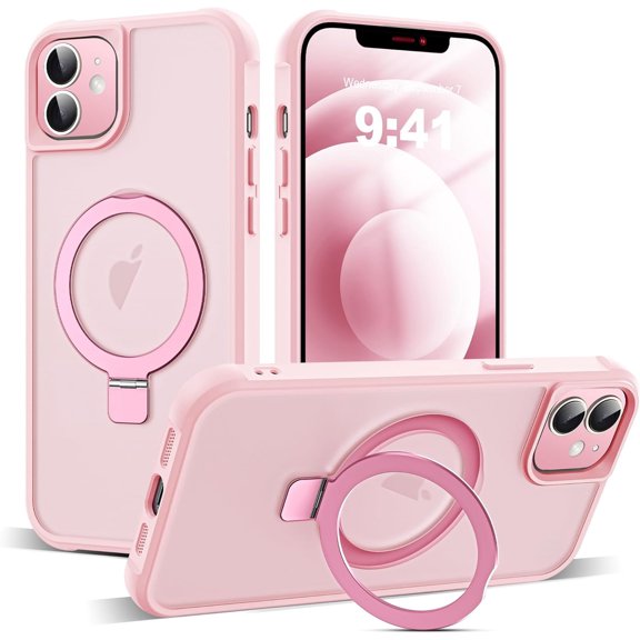 for iPhone 12 Case & iPhone 12 Pro Case with Invisible Magnetic Ring Stand Translucent iPhone 12 & 12 Pro Phone Case 6.1" [Compatible with MagSafe][Great Grip Feeling], Pink