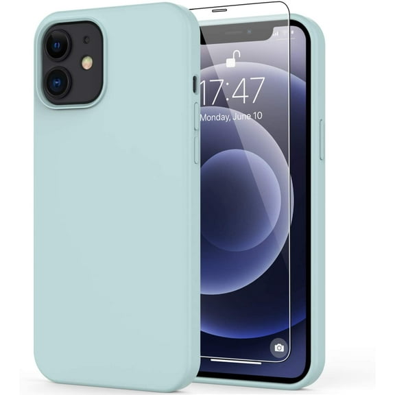 iPhone 12 Case,iPhone 12 Pro Case with Screen Protector,Soft Liquid Silicone Gel Rubber Bumper Cover,Slim Fit Shockproof Protective Phone Case for iPhone 12 Pro 6.1" Mint Green