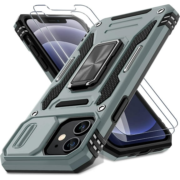 for iPhone 12 Case,iPhone 12 Pro Case with Slide Camera Cover+Screen Protector(2 Packs),Rotated Ring Kickstand Military Grade Shockproof Protective Cover-Grey