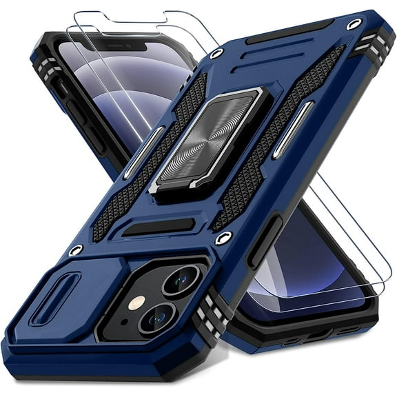 for iPhone 12 Case,iPhone 12 Pro Case with Slide Camera Cover+Screen Protector(2 Packs),Rotated Ring Kickstand Military Grade Shockproof Protective Cover-Navy Blue