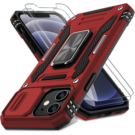 for iPhone 12 Case,iPhone 12 Pro Case with Slide Camera Cover+Screen Protector(2 Packs),Rotated Ring Kickstand Military Grade Shockproof Protective Cover-Red