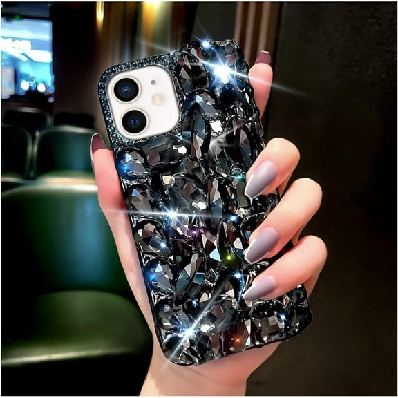 for iPhone 12 Case & iPhone 12 Pro Case for Women，very shiny Luxury Bling Phone Case with 3D Glitter Sparkle Crystal Rhinestone Diamond Gems on Hard Reflective PC Back Cover for Girls（Black）
