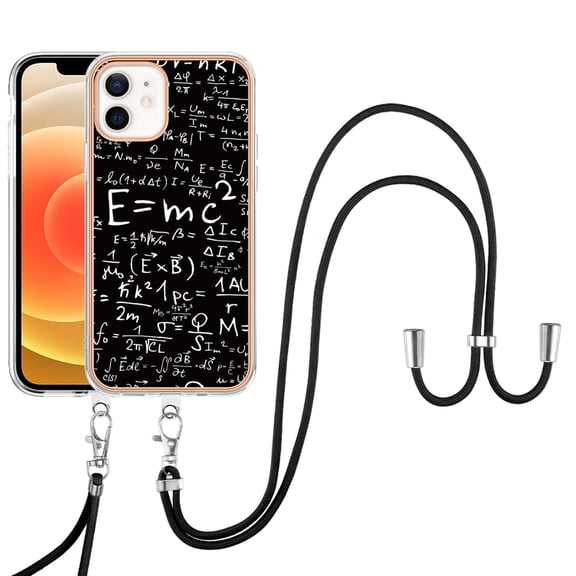 for iPhone 12 Crossbody Strap Phone Case, Anti-Fall Pattern Clear Design Transparent Soft & Flexible TPU Drop and Shockproof Protective Cover with Adjustable Nylon Neck Strap, Equation