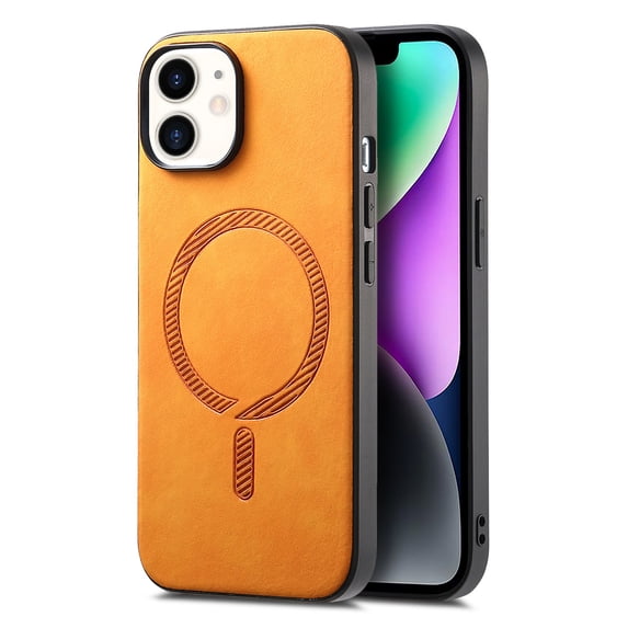 for iPhone 12 Magnetic Case, Luxury PU Leather Skin-Feel Back Protective Phone Cover Compatible with Mag-Safe Support Car Mount Holder for iPhone 12, Yellow