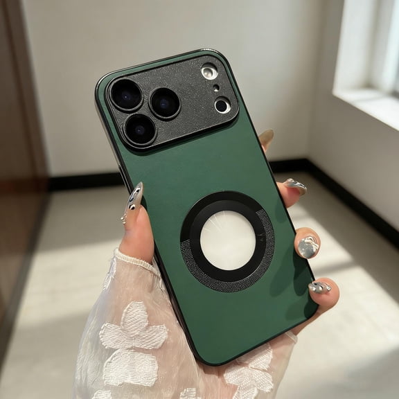 for iPhone 12 Magnetic Case, Military Grade Drop Protection, Logo Hollow Design Plain PU Leather Shockproof Hybrid Cover, Compatible with Mag-Safe, Slim Case for iPhone 12, Green