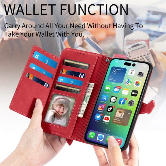 For iPhone 12 Mini (5.4", 2020 release) Flip Wallet Case with Wrist Strap, Multiple Card Slots, Zippered Pocket, Stand, Cute Embossed Flower Protective Lightweight PU Leather Shell Cover, Red