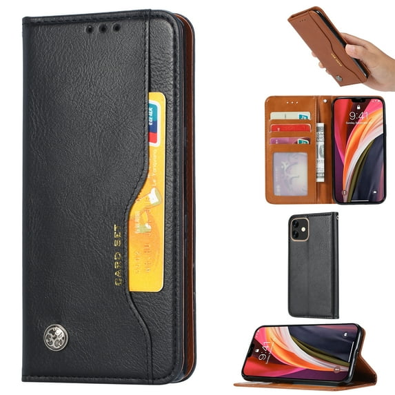 iPhone 12 Mini Case 5.4" 5G, Allytech Premium PU Leather Kickstand Feature Cards Pockets Full Protective Defender Book Style Wallet Case Cover for Apple iPhone 12 Mini 5.4", Black