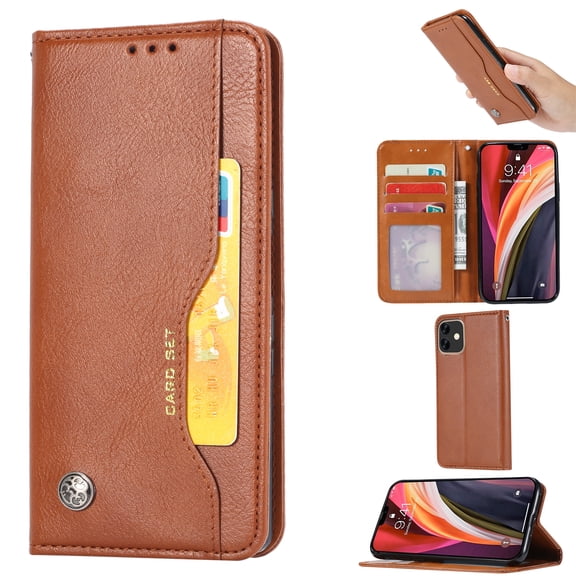 iPhone 12 Mini Case 5.4" 5G, Allytech Premium PU Leather Kickstand Feature Cards Pockets Full Protective Defender Book Style Wallet Case Cover for Apple iPhone 12 Mini 5.4", Brown
