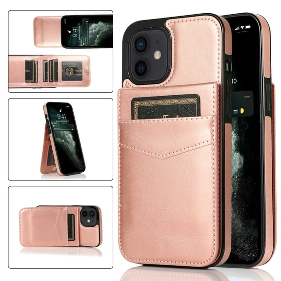 iPhone 12 Mini Case, 5.4" Apple iPhone 12 Pro Max Wallet Back Flip Case, Mantto PU Leather Case Cash ID Credit Slots Holder Pure Color Protective Phone Case For iPhone 12 Mini - Rose Gold