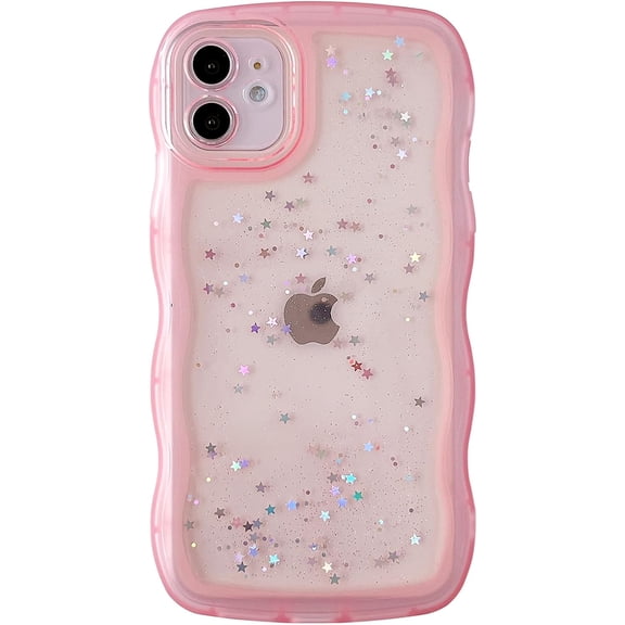 for iPhone 12 Mini Case 5.4" Curly Wave Edge Design Transparent Bling Glitter Star Shiny Case Cute Clear Transparent Full Protection Soft TPU Shockproof Phone Cover for Women Girls,Pink