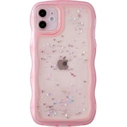 for iPhone 12 Mini Case 5.4" Curly Wave Edge Design Transparent Bling Glitter Star Shiny Case Cute Clear Transparent Full Protection Soft TPU Shockproof Phone Cover for Women Girls,Pink