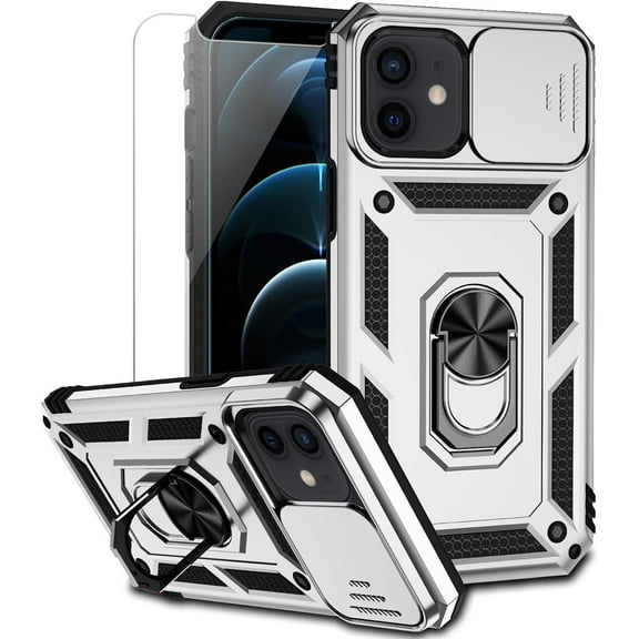 for iPhone 12 Mini Case with Camera Lens Cover HD Screen Protector, Dual Layer Grade Drop Protection Ring Holder Kickstand Protective Phone Case for iPhone 12 Mini 5.4 inch (Silver)