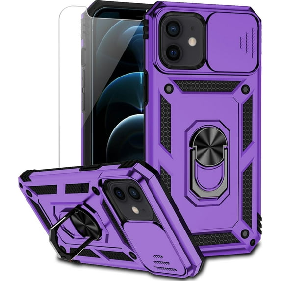 for iPhone 12 Mini Case with Camera Lens Cover HD Screen Protector, Dual Layer Grade Drop Protection Ring Holder Kickstand Protective Phone Case for iPhone 12 Mini 5.4 inch (Purple)