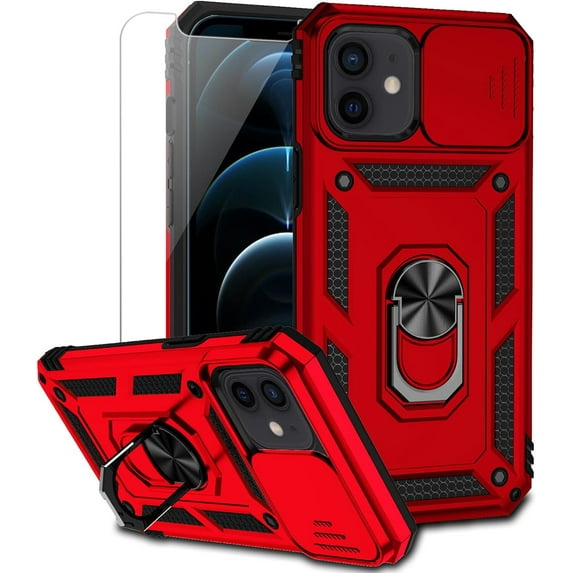 for iPhone 12 Mini Case with Camera Lens Cover HD Screen Protector, Dual Layer Military Grade Drop Protection Magnetic Ring Holder Kickstand Protective Phone Case for iPhone 12 Mini 5.4 inch (Red)