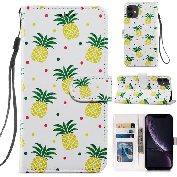 iPhone 12 Mini Case with Card Holder & Hand Strap, Allytech PU Leather Soft TPU Back Shockproof Magnetic Button Kickstand Wallet Case for iPhone 12 Mini 5.4 inch 2020, Cute Pineapple