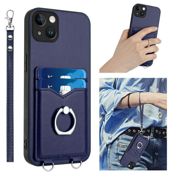 for iPhone 12 Mini Case, Card Holder Wallet Case, Ring Holder Stand, Wrist Hand Strap, PU Leather Anti-Scratch Shockproof Protective Flip Phone Cover for iPhone 12 Mini Case, Blue