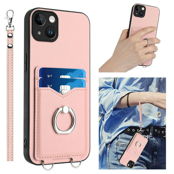 for iPhone 12 Mini Case, Card Holder Wallet Case, Ring Holder Stand, Wrist Hand Strap, PU Leather Anti-Scratch Shockproof Protective Flip Phone Cover for iPhone 12 Mini Case, Rosegold