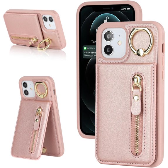 iPhone 12 Mini Case with Card Holder for Women, iPhone 12 Mini Phone Case Wallet with Credit Card with Ring Kickstand Zipper Shockproof Slim Stand Case for iPhone12mini - Rose Gold