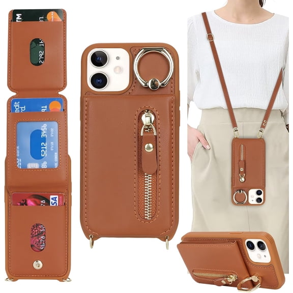 iPhone 12 Mini Case with Card Holder for Women, iPhone 12 Mini Phone Case Wallet with Strap Credit Card Slots Crossbody with Kickstand Zipper Case - Brown