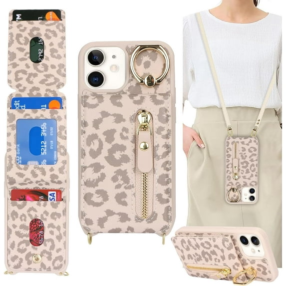 iPhone 12 Mini Case with Card Holder for Women, iPhone 12 Mini Phone Case Wallet with Strap Credit Card Slots Crossbody with Kickstand Zipper Case - Rice Leopard