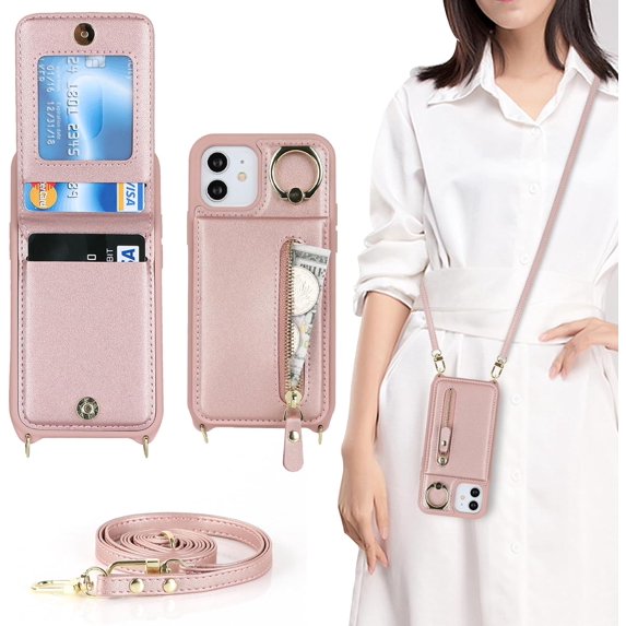 iPhone 12 Mini Case with Card Holder for Women, iPhone 12 Mini Phone Case Wallet with Strap Credit Card Slots Crossbody with Kickstand Zipper Case for iPhone12mini - Rose Gold
