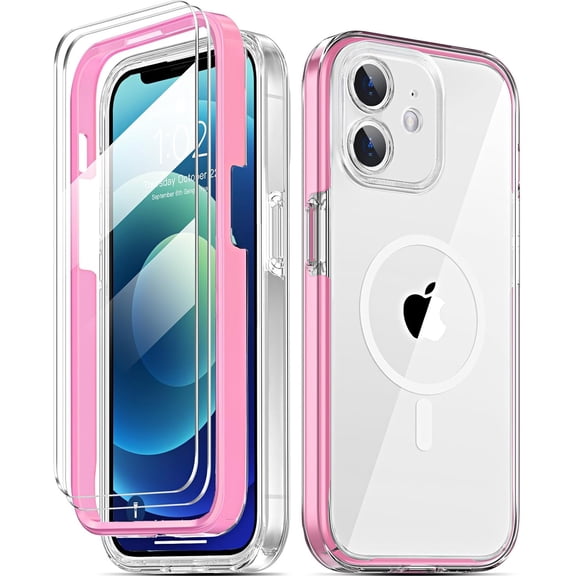for iPhone 12 Mini Case [Compatible with MagSafe], with Tempered Glass Screen Protector, Military Grade Protection, Shockproof Protective Phone Case Cover for iPhone 12 mini, Pink
