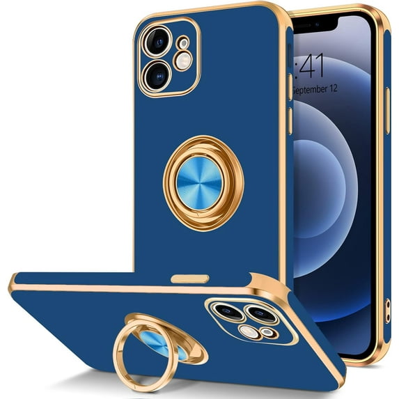 iPhone 12 Mini Case, Electroplated iPhone 12 Mini Phone Case with 360° Ring Holder Kickstand Soft TPU Car Mount Supported Shockproof Protective Plating iPhone 12 Mini Case Cover, Navy Blue