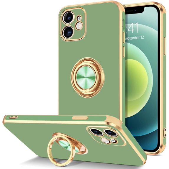 iPhone 12 Mini Case, Electroplated iPhone 12 Mini Phone Case with 360° Ring Holder Kickstand Soft TPU Car Mount Supported Shockproof Protective Plating iPhone 12 Mini Case Cover, Green