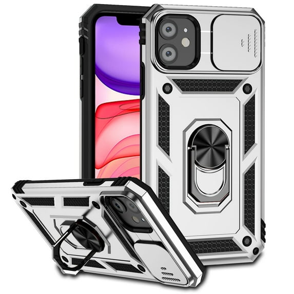 for iPhone 12 Mini Case Heavy Duty Military Grade Protection,Camera Lens Slide Protection & 360°Rotate Magnetic Car Mount Holder Kickstand Rugged Shockproof Drop Hard Shell,Silver