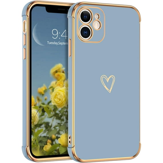 for iPhone 12 Mini Case Luxury Cute Gold Heart for Women Girls, Full Camera Protector Shockproof Protective Corner Cover for iPhone 12 Mini- Blue Gray