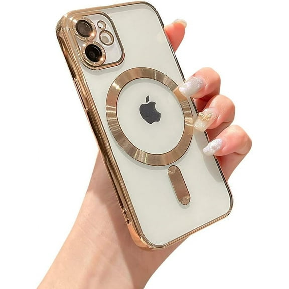for iPhone 12 Mini Case Magnetic Clear with Camera Lens Protector Full Protection MagSafe Electroplated Luxury Silicone Shockproof Protective Case Cover 5.4 Inch - Gold