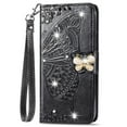 thumbnail image 1 of iPhone 12 Mini Case, Mantto Bling Diamond PU Leather Flip Wallet Case Hand Strap Butterfly Embossed Protective Flip Stand Card Holder Magnetic Cover for Apple iPhone 12 Mini, Black, 1 of 9