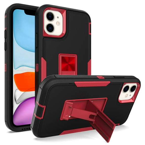 for iPhone 12 Mini Case: Military Grade Protection Shockproof Phone Cover Build-in Hidden Kickstand & Rugged TPU Shell | Matte Durable Drop Proof Heavy Duty Case,Black+Winered