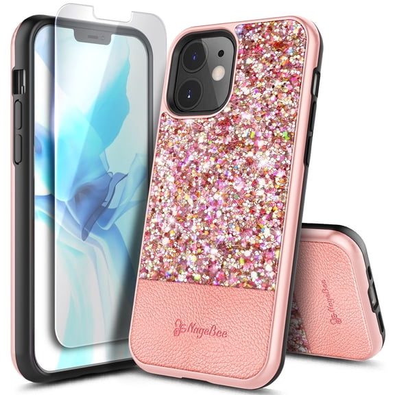 For iPhone 12 Mini Case With Tempered Glass Screen Protector, Glitter Sparkle Bling Leather Protective Shockproof, Cute Phone Case Cover for Women Girls (Rose Gold)