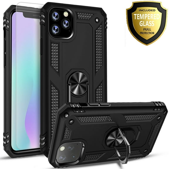 iPhone 12 Mini Case, With [Tempered Glass Screen Protector Included], STARSHOP Drop Protection Ring Kickstand Cover- Black