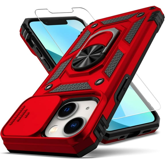 for iPhone 12 Mini Case,with Slide Camera Cover HD Screen Protector,[Camera Protection] [Magnetic Rotate Kickstand] Military Grade Shockproof Heavy Duty Protective Case for iPhone 12 Mini-Red