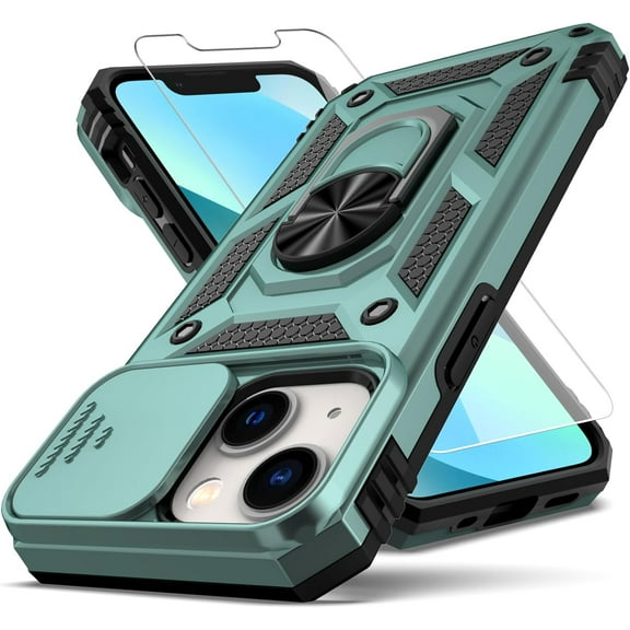 for iPhone 12 Mini Case,with Slide Camera Cover HD Screen Protector,[Camera Protection] [Magnetic Rotate Kickstand] Military Grade Shockproof Heavy Duty Protective Case for iPhone 12 Mini-Green