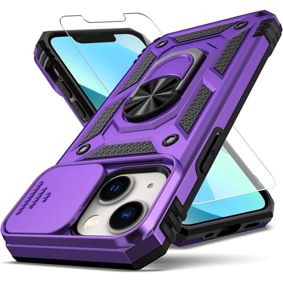 for iPhone 12 Mini Case,with Slide Camera Cover HD Screen Protector,[Camera Protection] [Magnetic Rotate Kickstand] Military Grade Shockproof Heavy Duty Protective Case for iPhone 12 Mini-Purple