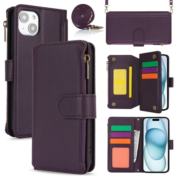 for iPhone 12 Mini Crossbody Case, RFID Blocking for iPhone 12 Mini Case Wallet with Card Holder, Fashion PU Leather Magnetic Flip Zipper Wrist Strap Lanyard Phone Case, Purple
