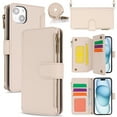 thumbnail image 1 of for iPhone 12 Mini Crossbody Case, RFID Blocking for iPhone 12 Mini Case Wallet with Card Holder, Fashion PU Leather Magnetic Flip Zipper Wrist Strap Lanyard Phone Case, White, 1 of 11