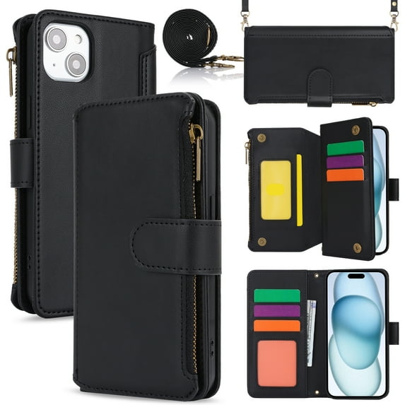 for iPhone 12 Mini Crossbody Case, RFID Blocking for iPhone 12 Mini Case Wallet with Card Holder, Fashion PU Leather Magnetic Flip Zipper Wrist Strap Lanyard Phone Case, Black