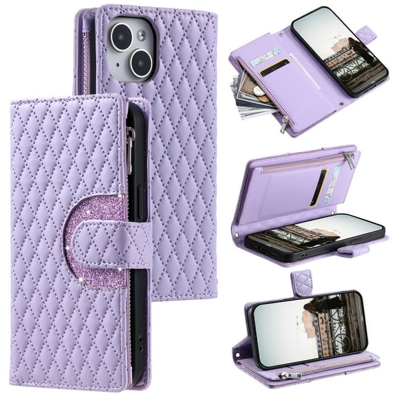 for iPhone 12 Mini Crossbody Wallet Case with Card Holders Zipper Pocket, PU Leather Case with Flip Stand, Magnetic Clasp, Wrist Strap & Lanyard, Shockproof Full Protective Phone Cover, Purple