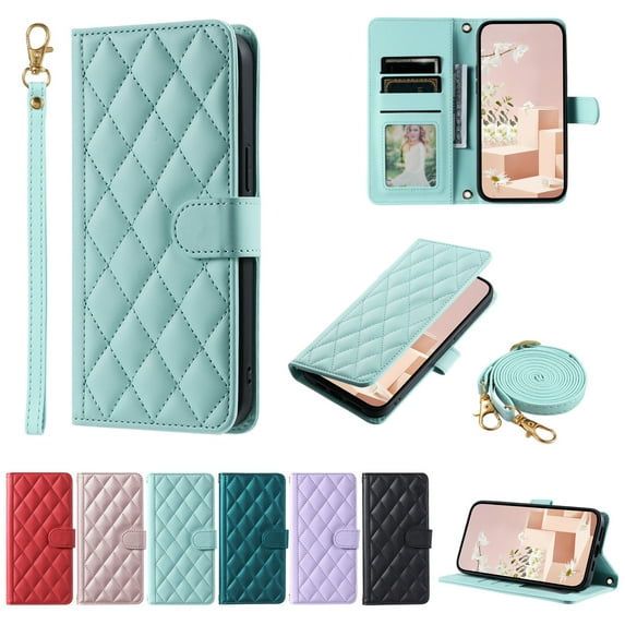 for iPhone 12 Mini Elegant Diamond Patterned Phone Case Wallet Pocket with Card Holder for Women,Crossbody Strap Case for iPhone 12 Mini with Strap Lanyard,Magnetic Flip Leather Case,Mint