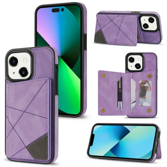 For iPhone 12 Mini Phone Case Card Slots Metal Buttons Convenient Kickstand Synthetic Leather Lightweight Plain Slim Shockproof Anti-Fingerprint Phone Cover for Women or Men,Purple